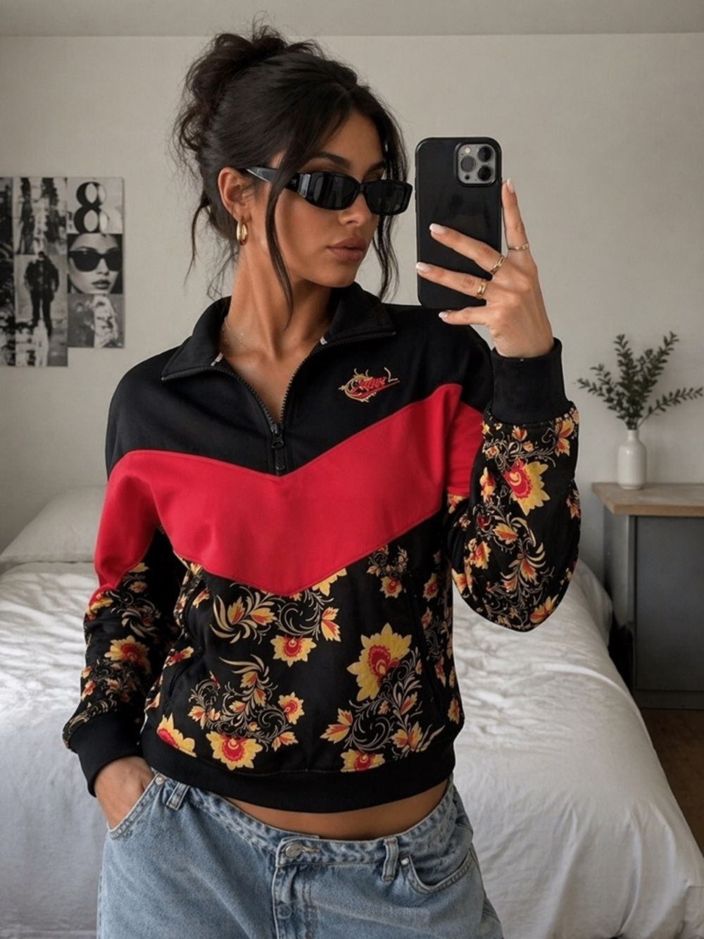 Nike Floral Y2K Track Jacket – Red Black Zip Up Streetwear Size S